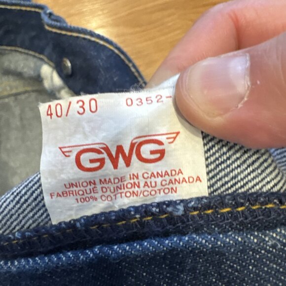 Vintage GWG Red Strap Reinforced Work Jeans Biker 40x30 Canada Union Denim - Picture 7 of 7